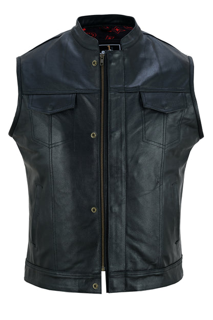 Men's real leather bikers vest with extendable chest size, double zips front options