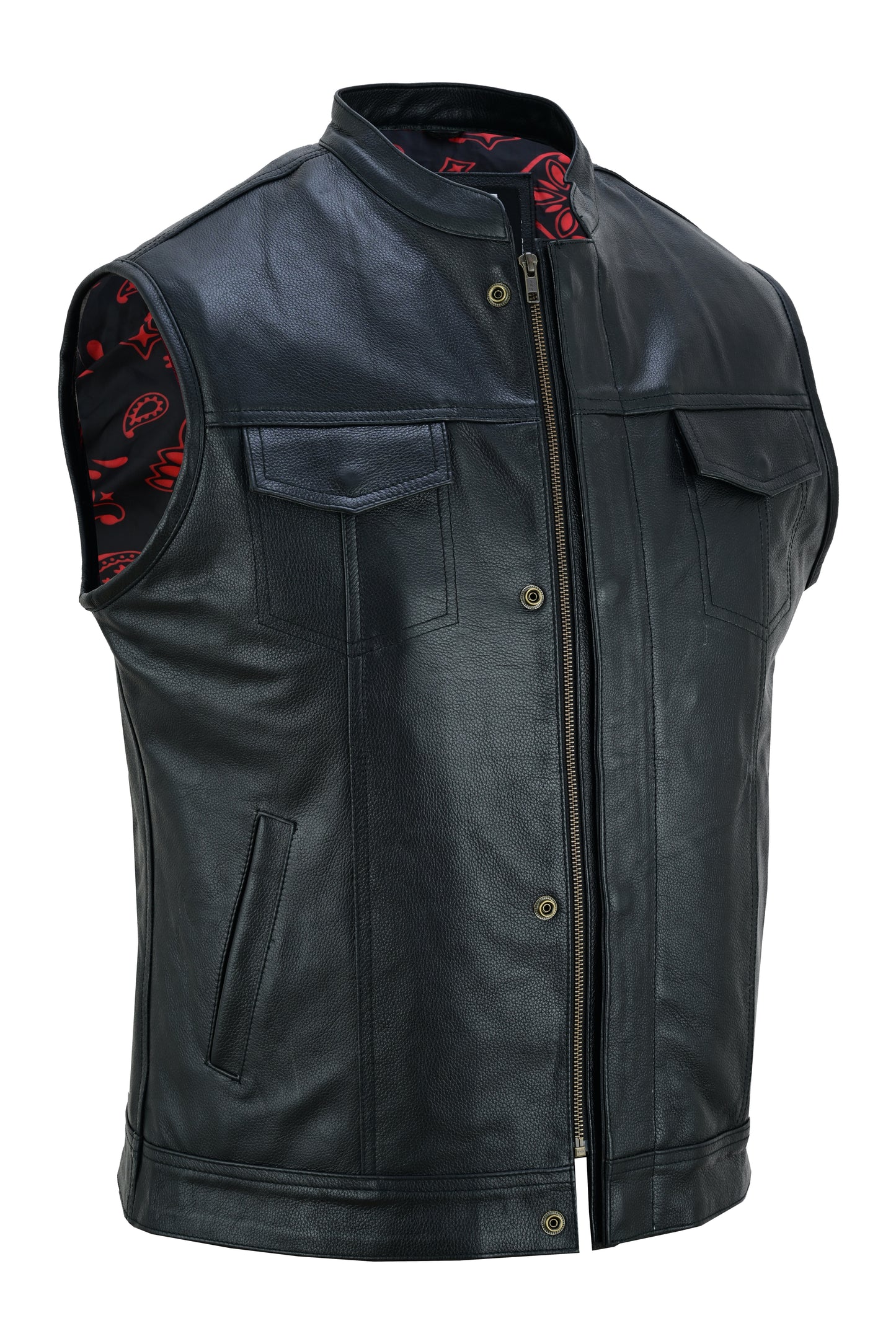 Men's real leather bikers vest with extendable chest size, double zips front options