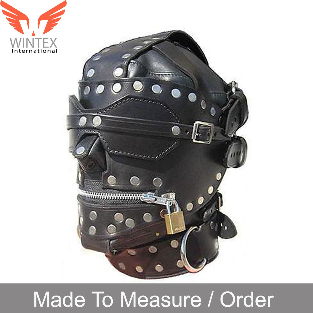 Genuine Leather Sensory Deprivation Bondage Hood With Locking Mouth Zip BH-1