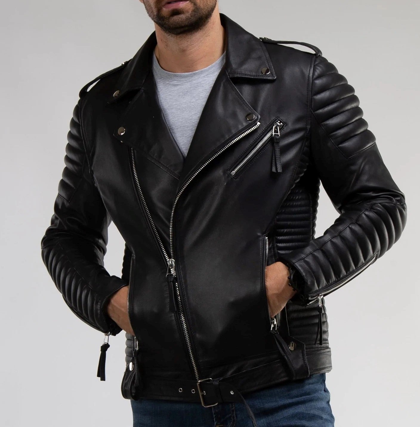REAL LAMB LEATHER BIKERS QUILTED PANELS JACKET BRANDO JACKET