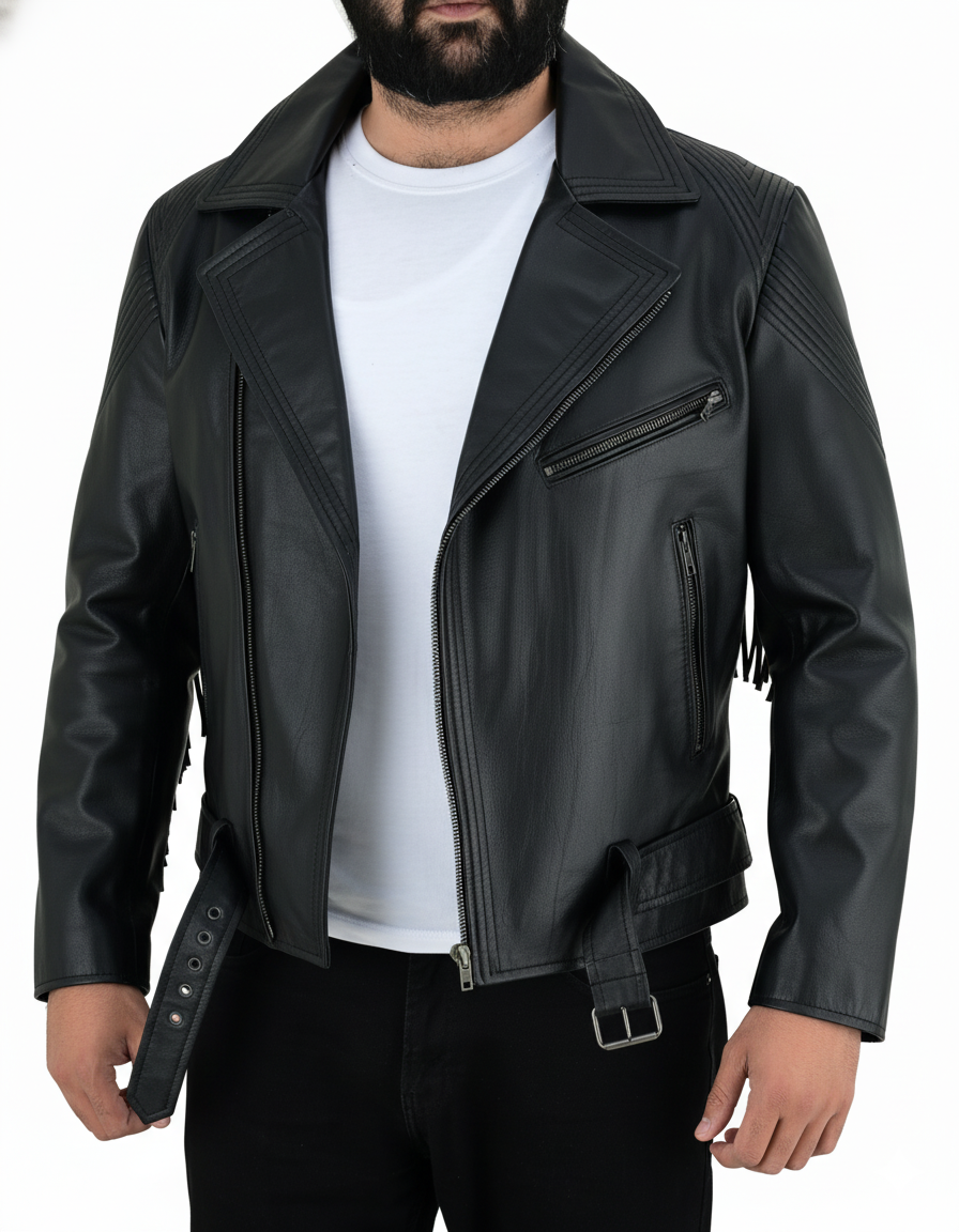 Men's Real Cowhide Leather Bikers Jacket Fringes At Sleeves & Back With Quilted Panels
