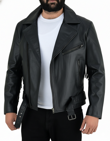 Men's Real Cowhide Leather Bikers Jacket Fringes At Sleeves & Back With Quilted Panels