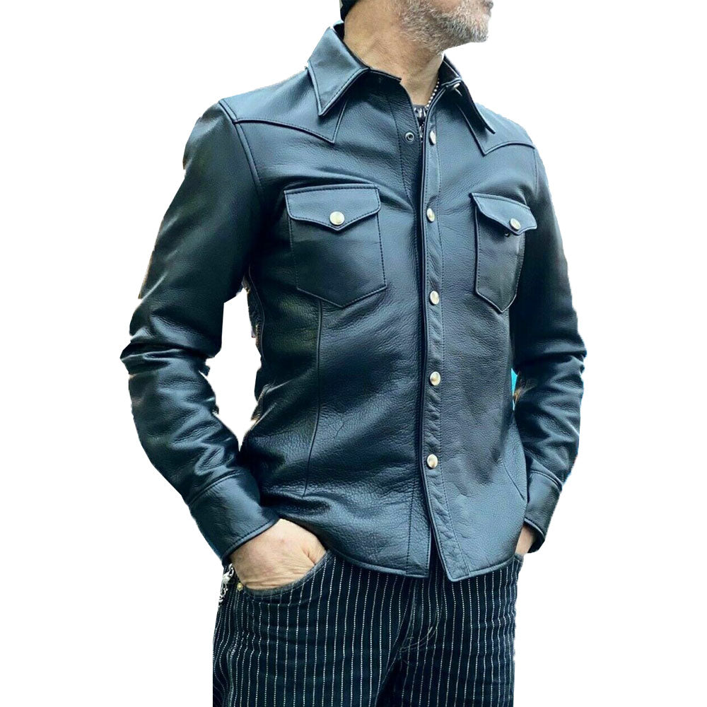 Men’s Genuine Cowhide Leather Black Full Sleeves Leather Shirt Police Uniform Shirt