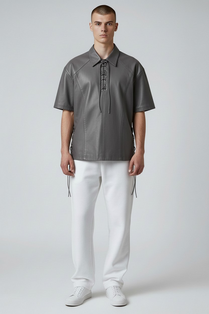 Men's Real Lamb Leather Shirt Laces Up Front,Sleeves & Slits Shirt In 7 Colors