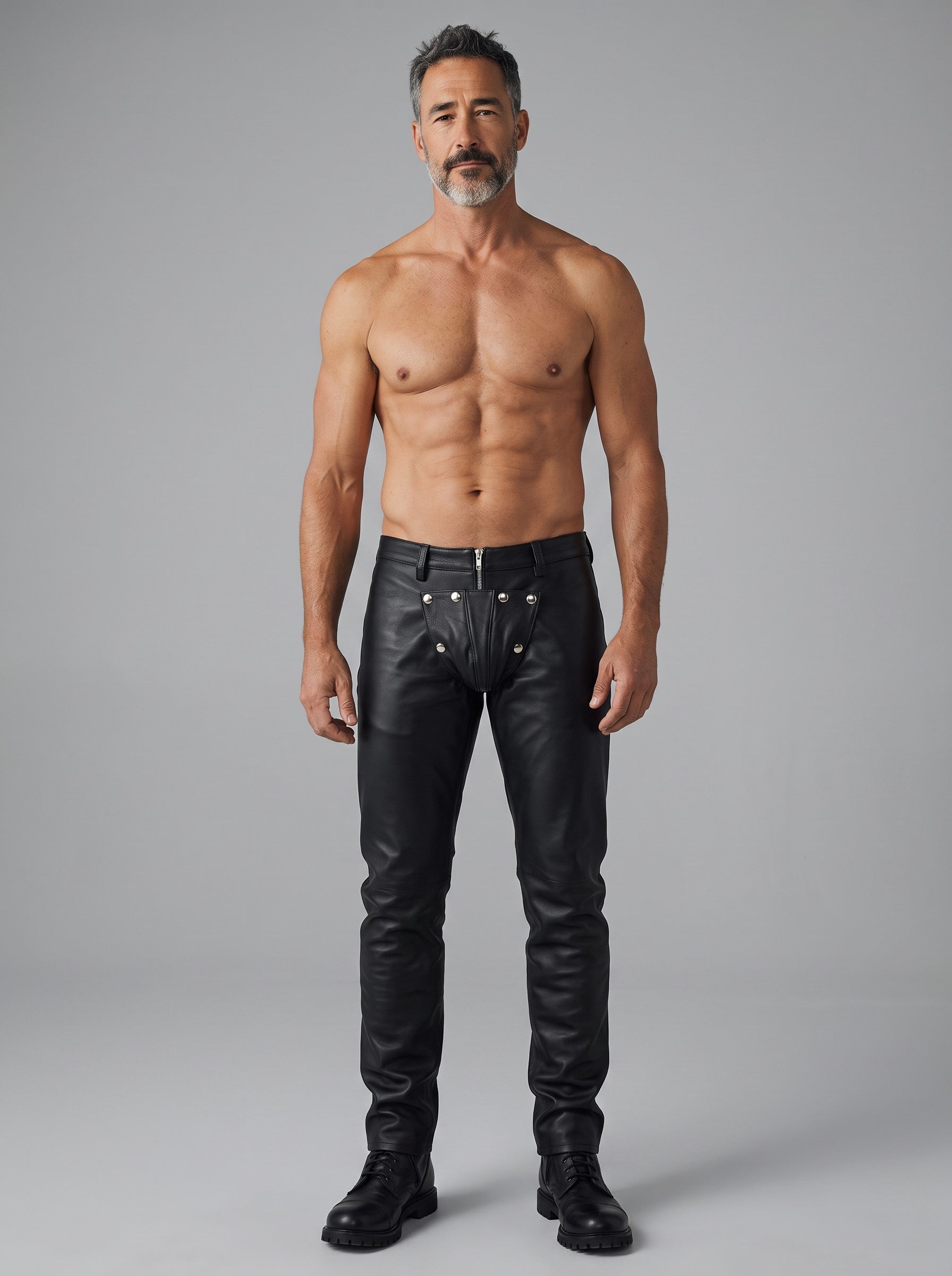 Men's Genuine Cowhide Leather Biker Pants | Slim Fit Motorcycle Leather Trousers with Detachable Front Panel
