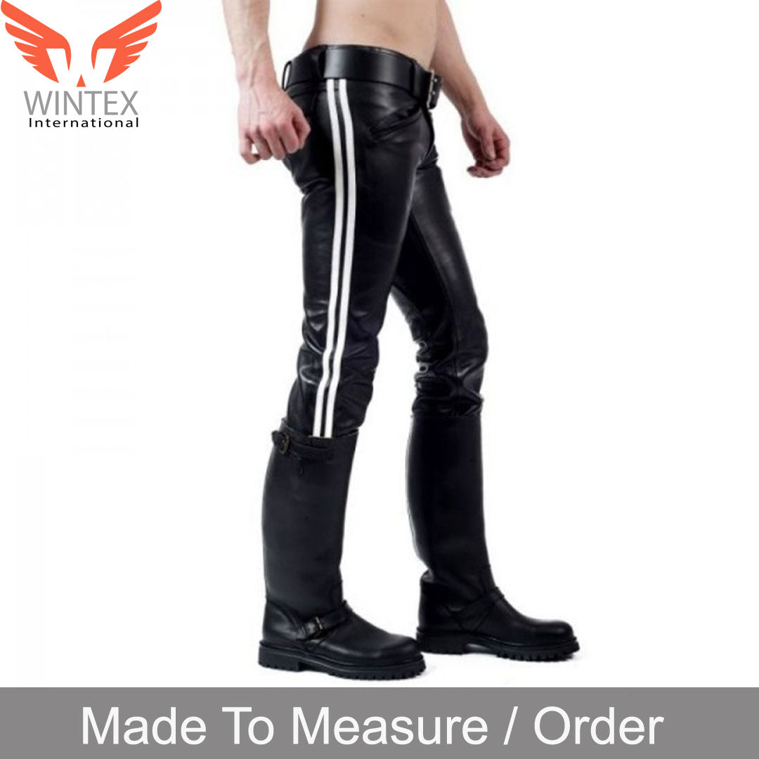 Men’s Genuine Cow Leather BLUF Bikers Pants with Side Contrast Leather Stripes