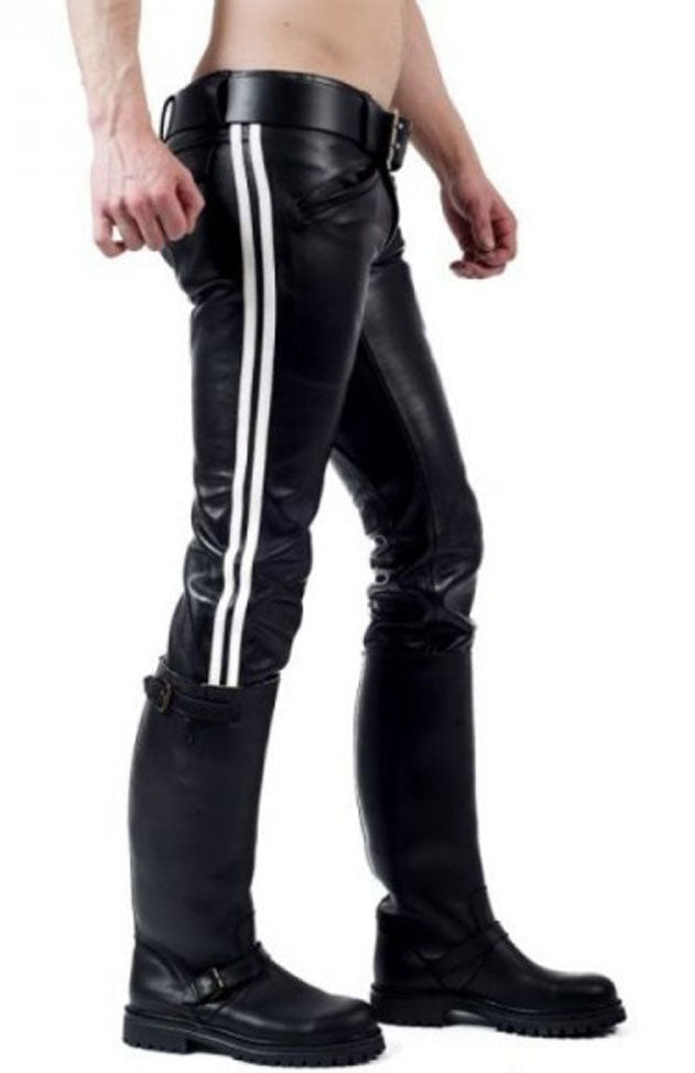 Men’s Genuine Cow Leather BLUF Bikers Pants with Side Contrast Leather Stripes