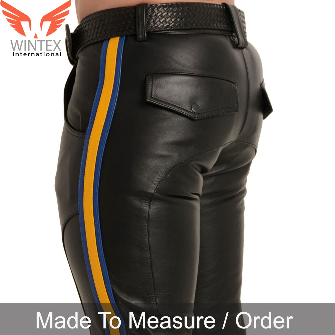 Men’s Genuine Leather Bikers Pants With Contrast Side Stripes Pants