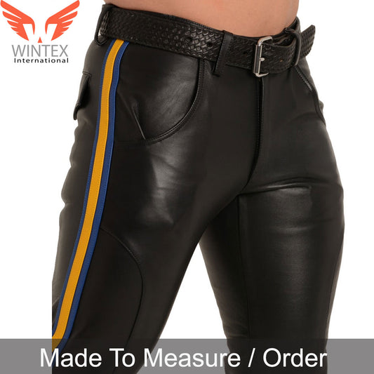 Men’s Genuine Leather Bikers Pants With Contrast Side Stripes Pants