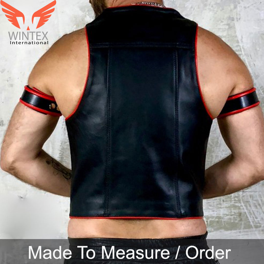 Men’s Real Cowhide Leather Bikers Vest With Piping + 2 FREE ARM BAND