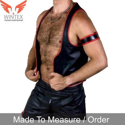 Men’s Real Cowhide Leather Bikers Vest With Piping + 2 FREE ARM BAND