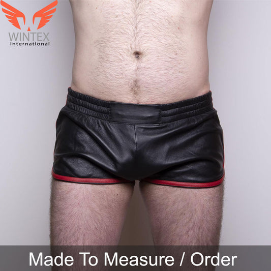 Men’s Real Lamb Leather Gym Shorts Club Shorts In Black Color With Red Stripes