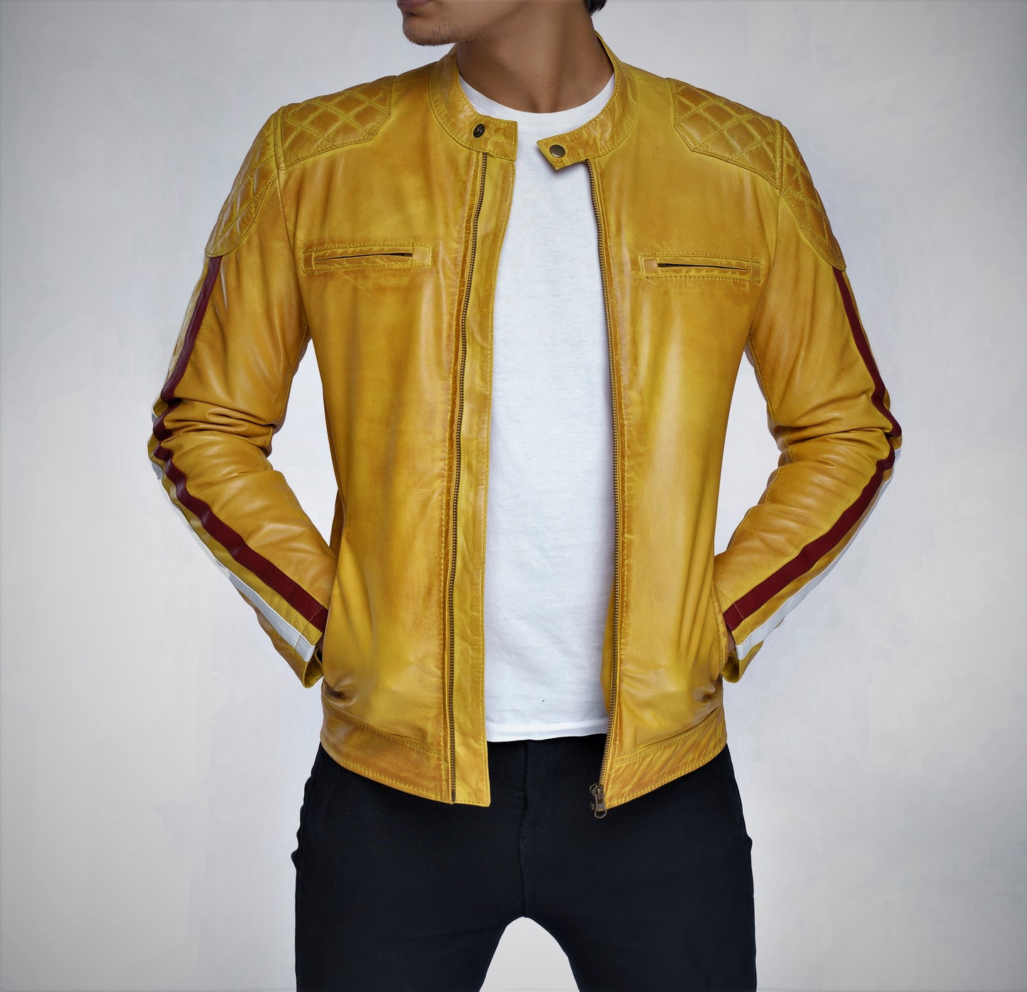 Men's Real Lamb Vintage Leather Quilted Panels Cafe Racer Jacket, Bikers Jacket