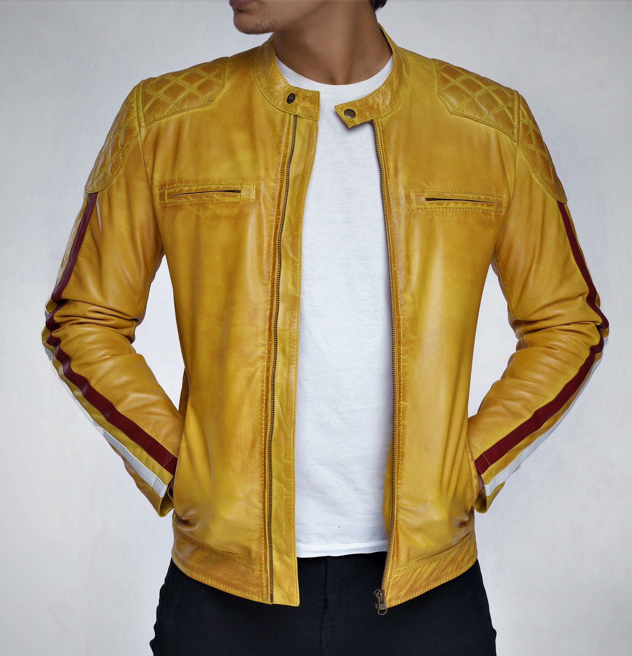 Men's Real Lamb Vintage Leather Quilted Panels Cafe Racer Jacket, Bikers Jacket