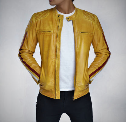Men's Real Lamb Vintage Leather Quilted Panels Cafe Racer Jacket, Bikers Jacket