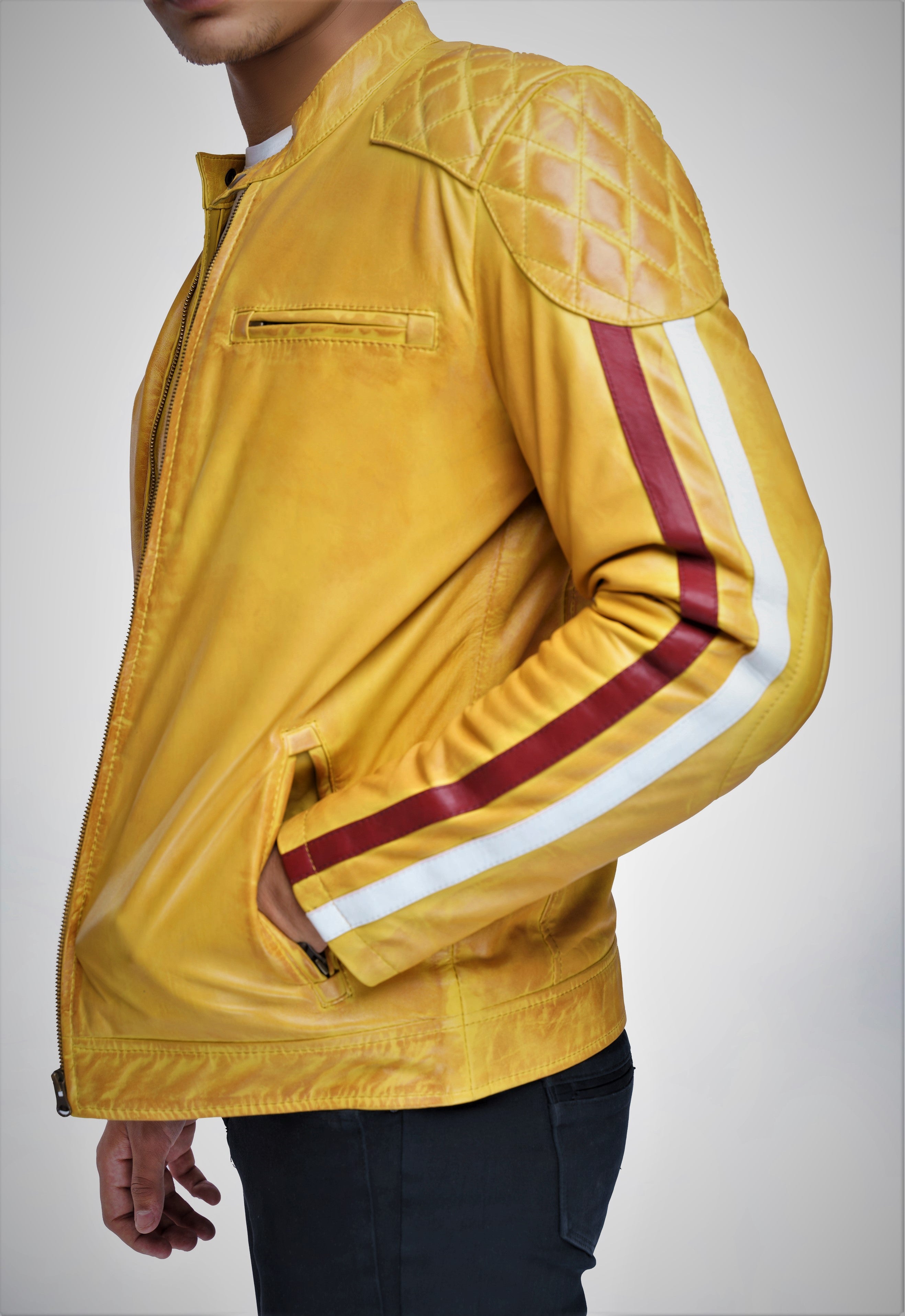 Men's Real Lamb Vintage Leather Quilted Panels Cafe Racer Jacket, Bikers Jacket