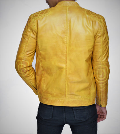 Men's Real Lamb Vintage Leather Quilted Panels Cafe Racer Jacket, Bikers Jacket