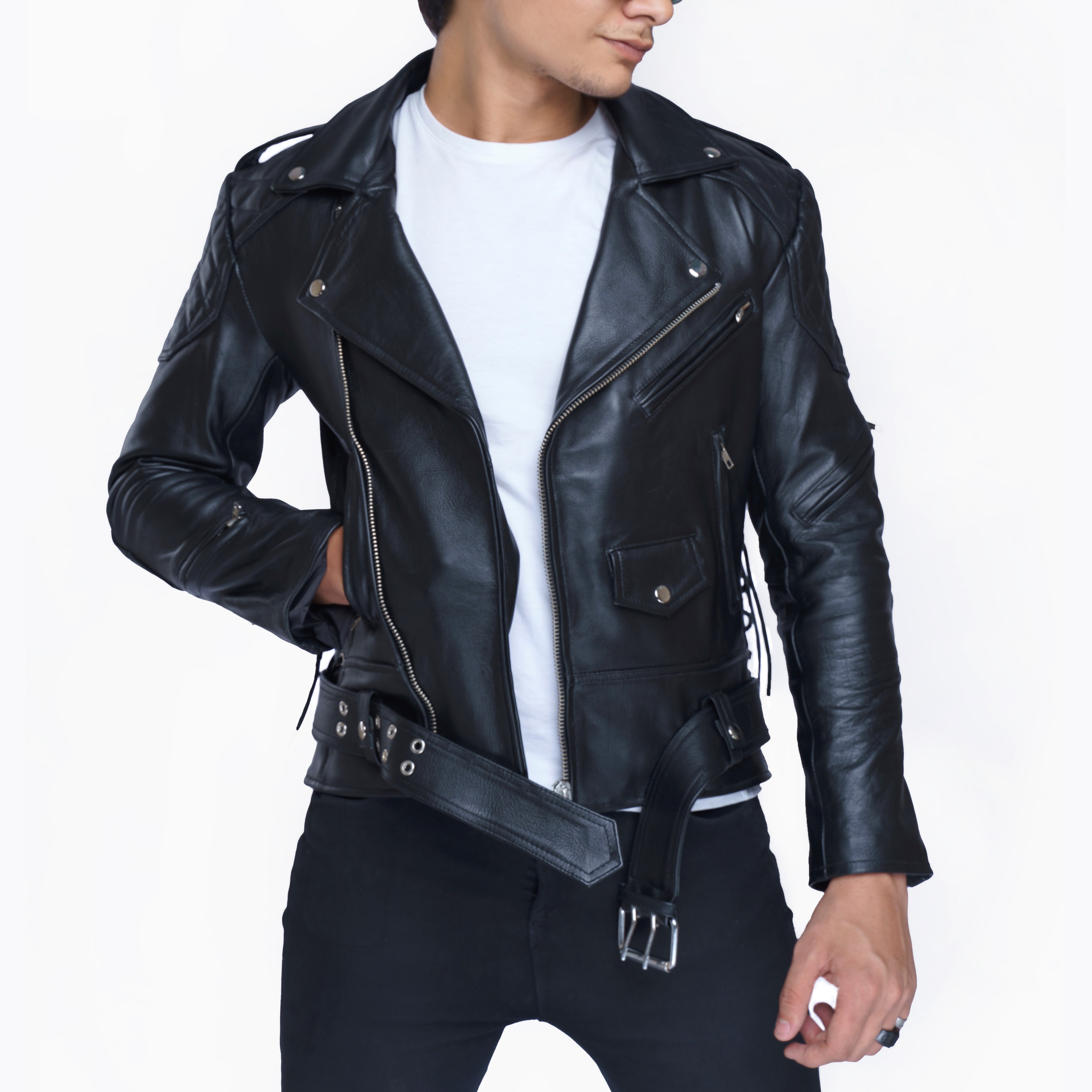 Real Natural Cow Leather Bikers Quilted Panels Jacket