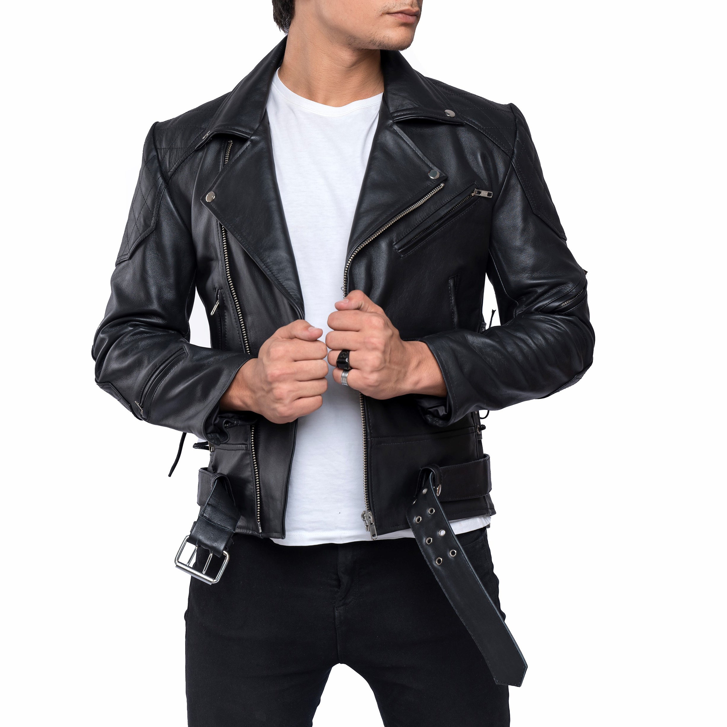 Men's Real Cowhide Bikers Jacket With Quilted Panels And Laces Up Bikers Jacket