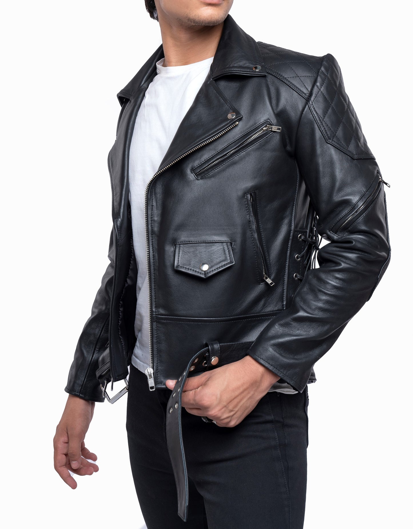 Men's Real Cowhide Bikers Jacket With Quilted Panels And Laces Up Bikers Jacket