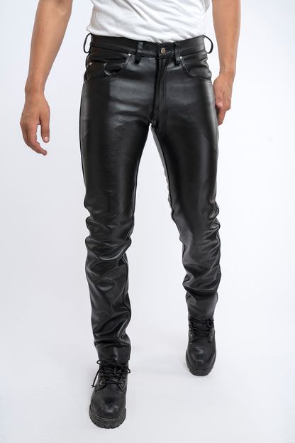 Men's Real Leather Bikers Pants 5 Pockets Pants 501 Levi's Style Leather Jeans Pants