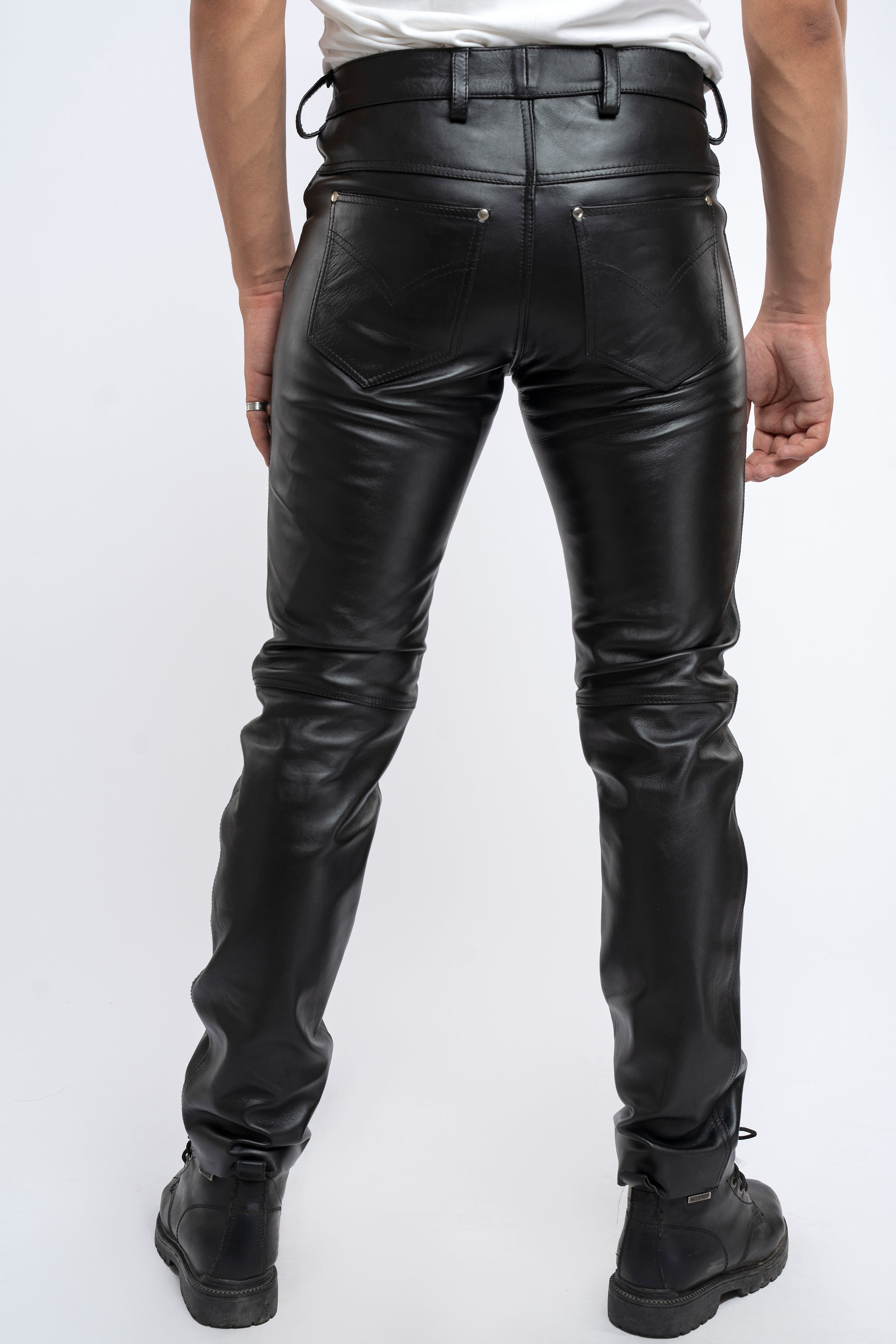 FROM USA Men's Real Leather Bikers Pants 5 Pockets Pants 501 Levi's Style Leather Jeans Pants