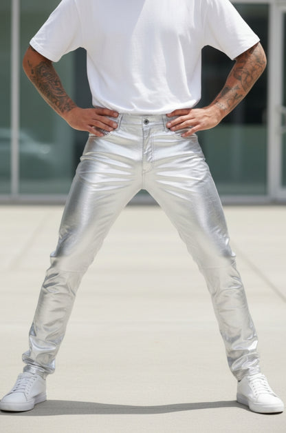 Men's Lamb Leather Silver & Gold Colors 5 Pockets Pants Lamb Leather Pants: