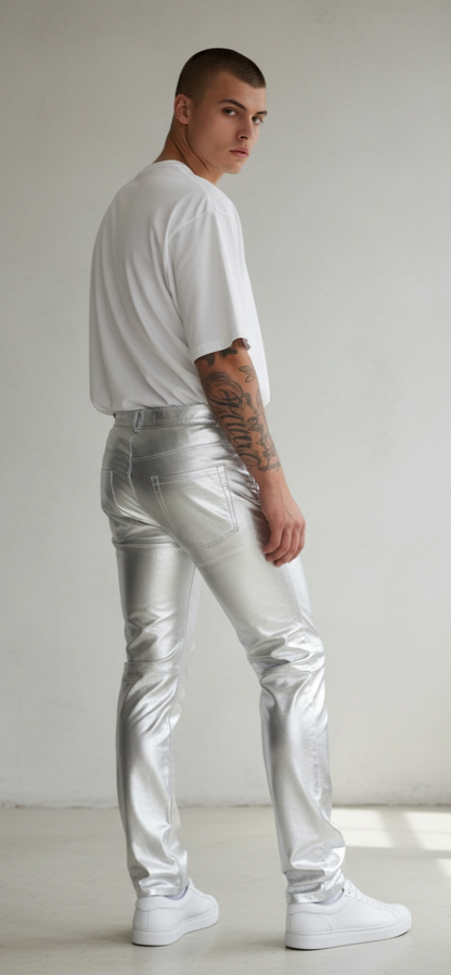 Men's Lamb Leather Silver & Gold Colors 5 Pockets Pants Lamb Leather Pants: