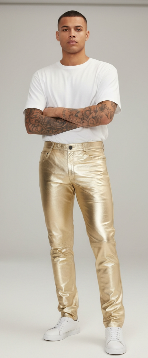 Men's Lamb Leather Silver & Gold Colors 5 Pockets Pants Lamb Leather Pants: