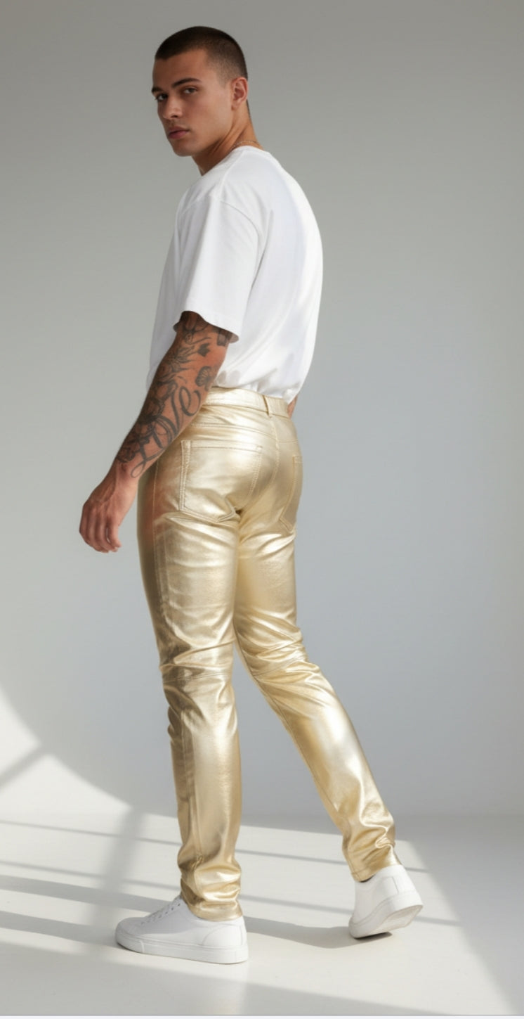Men's Lamb Leather Silver & Gold Colors 5 Pockets Pants Lamb Leather Pants: