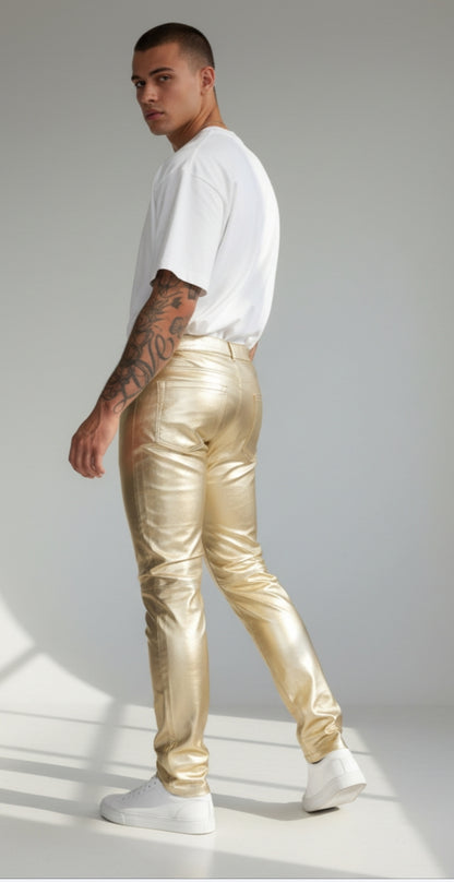 Men's Lamb Leather Silver & Gold Colors 5 Pockets Pants Lamb Leather Pants: