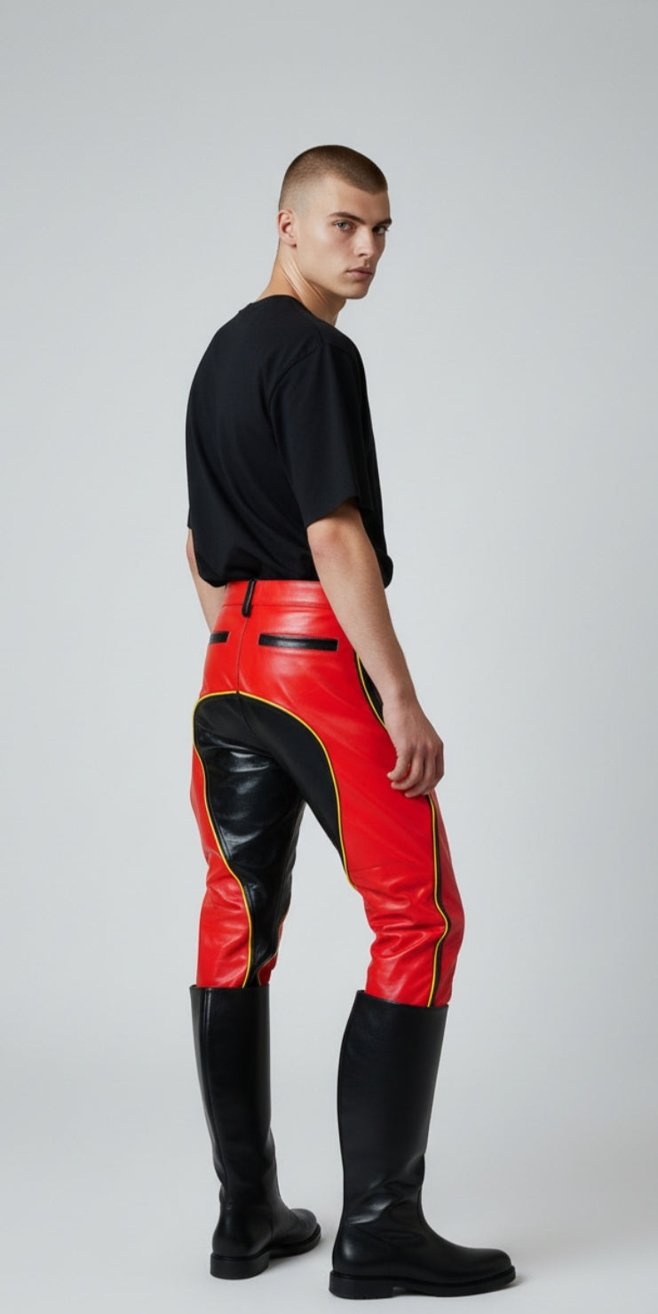 Men's Real Leather Breeches / Jodhpurs  Carpenter Style Leather Breeches With Contrast Color Stripes & Trims