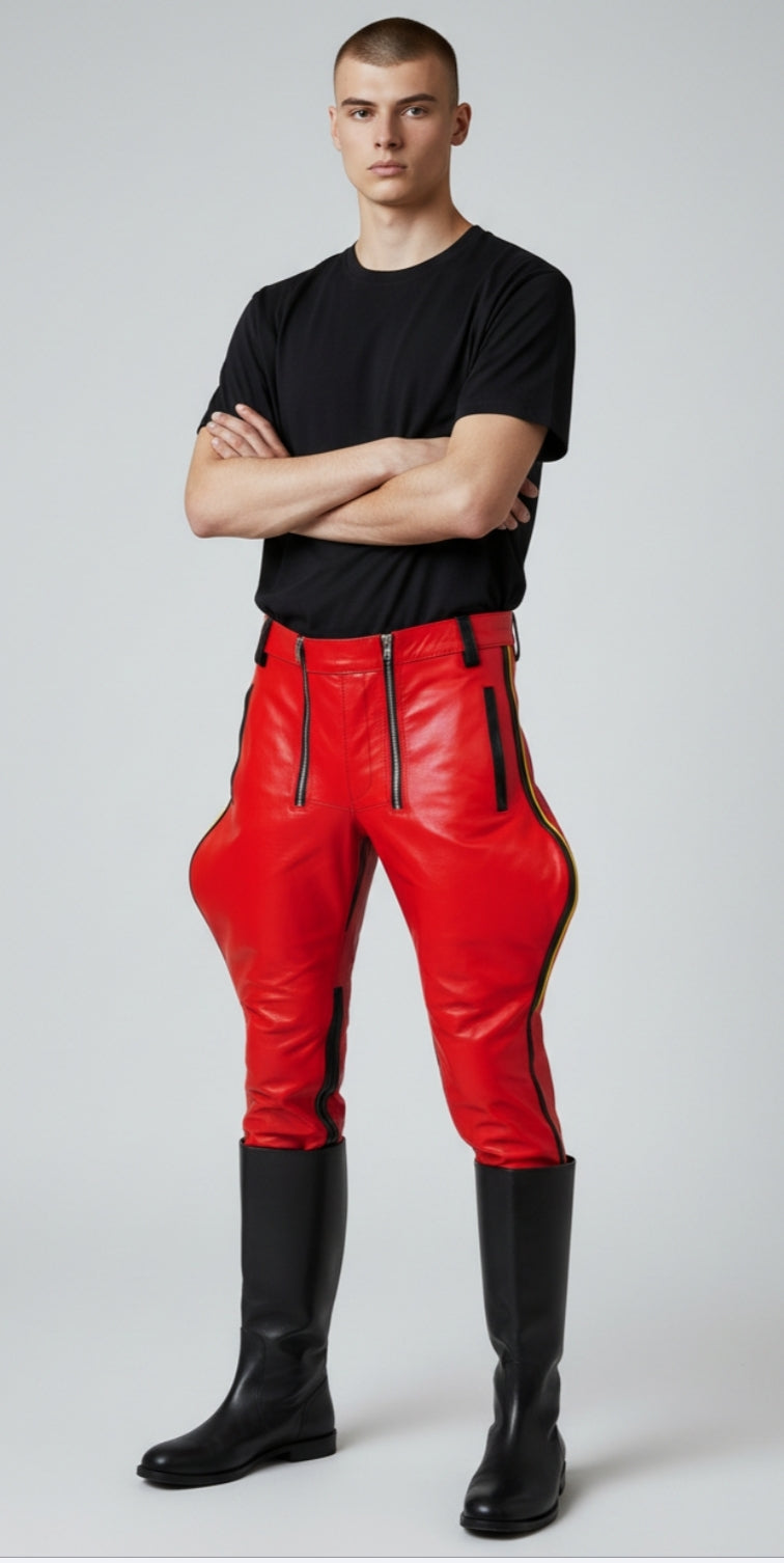 Men's Real Leather Breeches / Jodhpurs  Carpenter Style Leather Breeches With Contrast Color Stripes & Trims