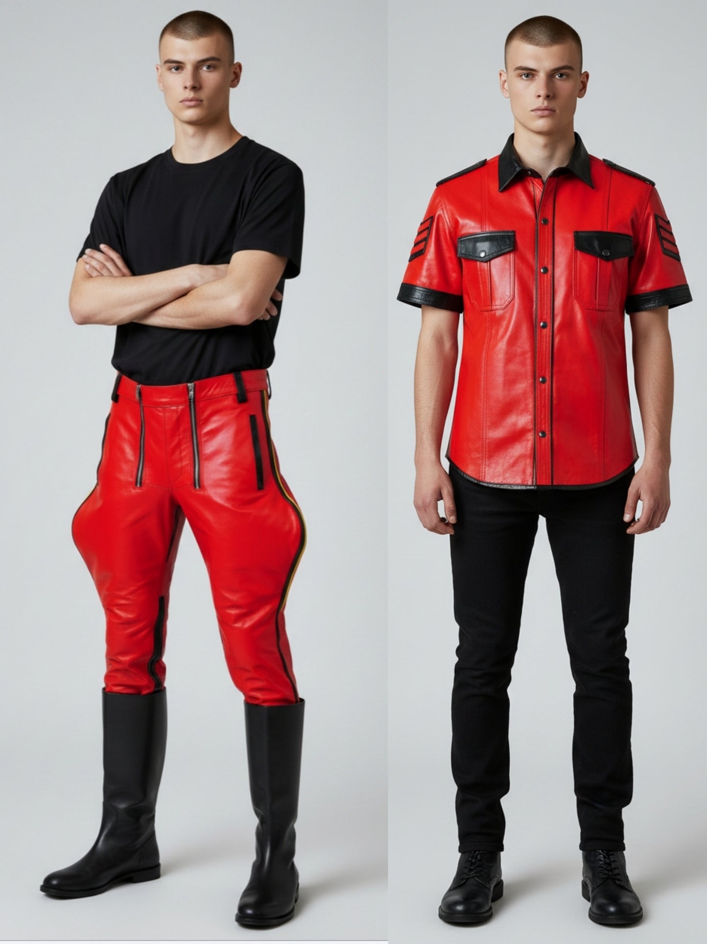 Men's Real Leather Red Breeches & Shirt Riders Pants Contrast Leather BLUF SUIT