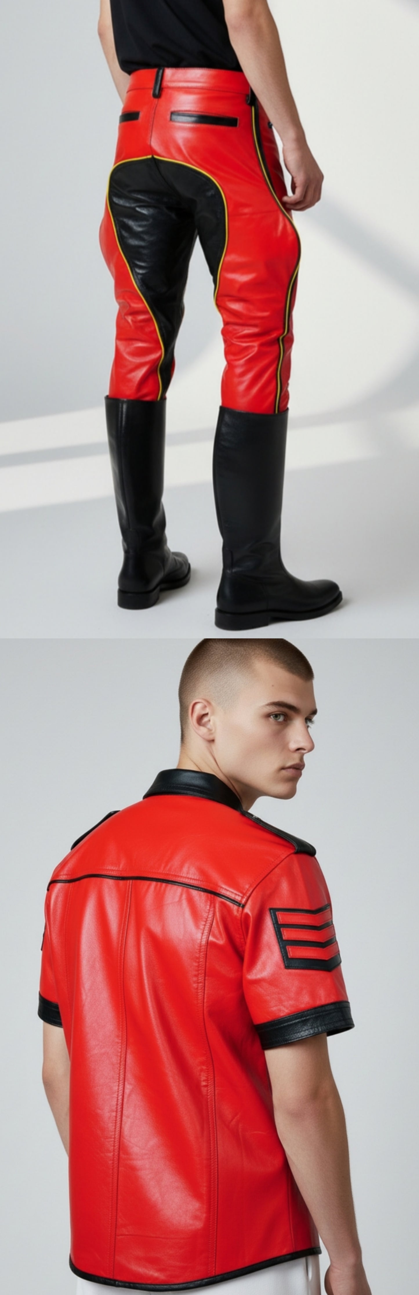 Men's Real Leather Red Breeches & Shirt Riders Pants Contrast Leather BLUF SUIT