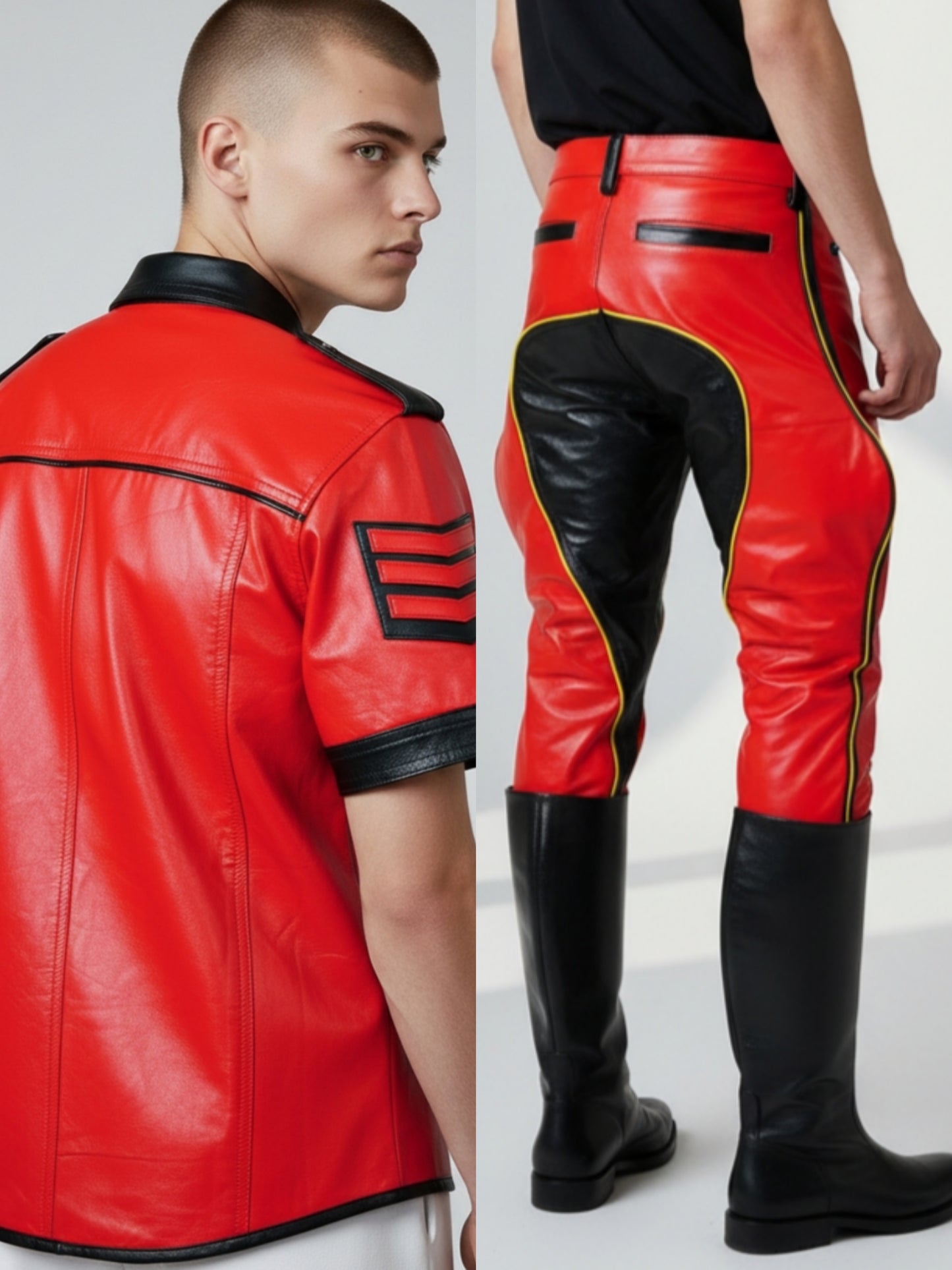 Men's Real Leather Red Breeches & Shirt Riders Pants Contrast Leather BLUF SUIT