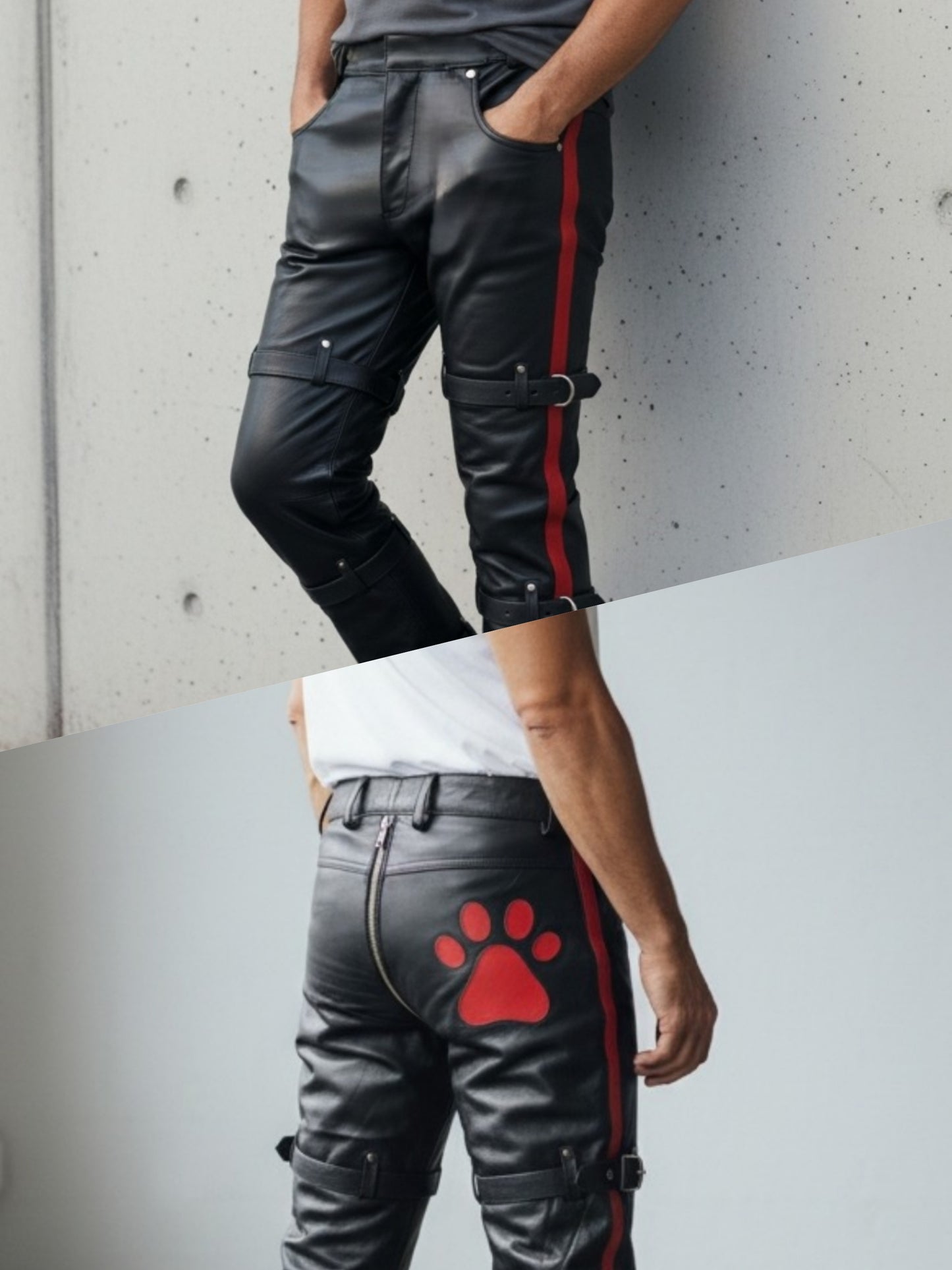 Men’s Real Cowhide Leather Pants With PAW Logo & Restraint Belts: