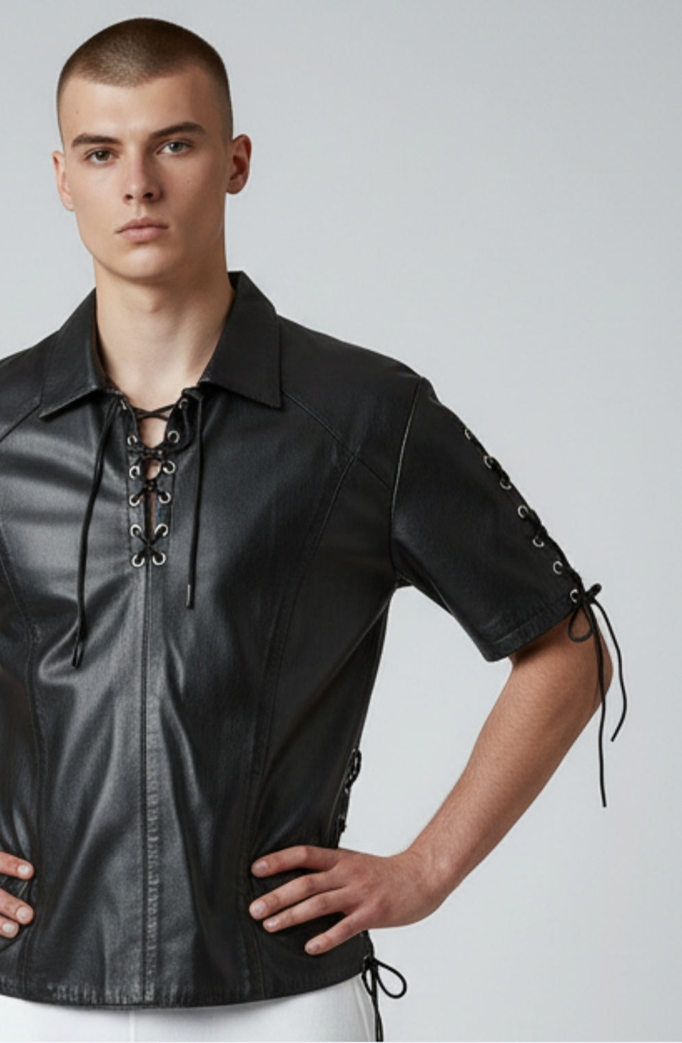 Men's Real Lamb Leather Shirt Laces Up Front,Sleeves & Slits Shirt In 7 Colors