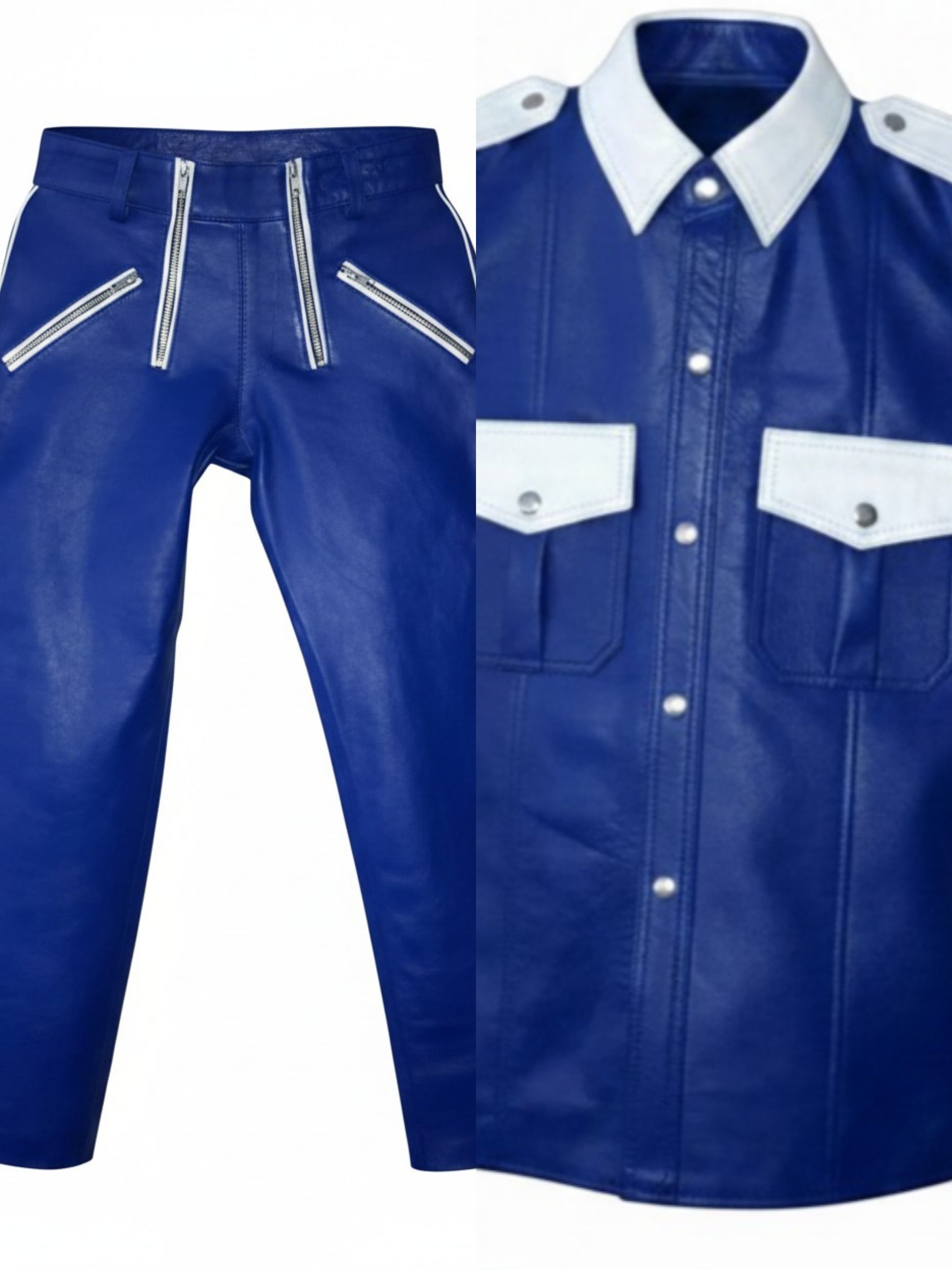 Men's Real Cowhide Leather Carpenter Pants & Police Shirt Blue & White BLUF Suit