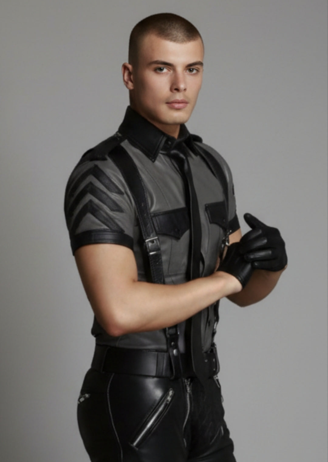 Men's Real Leather Quilted Carpenter Pants Grey & Black Leather Police Shirt