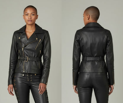Women's Real Lamb Leather Bikers Jacket Leather Biker Jacket With Front & Back Zips