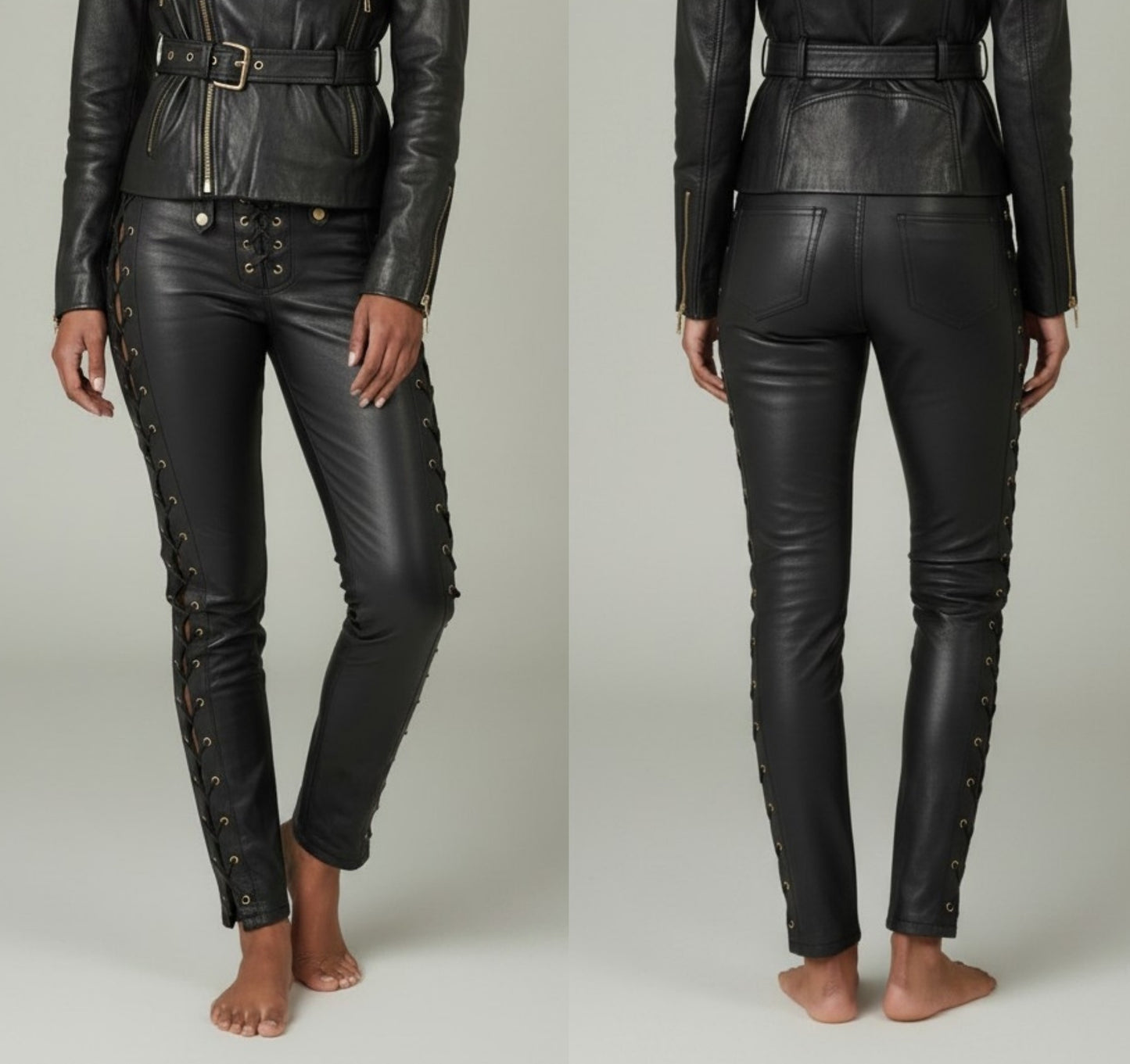 Women Real Lamb Leather Side Laces Up Slim Fit Pants