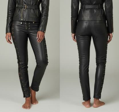 Women Real Lamb Leather Side Laces Up Slim Fit Pants