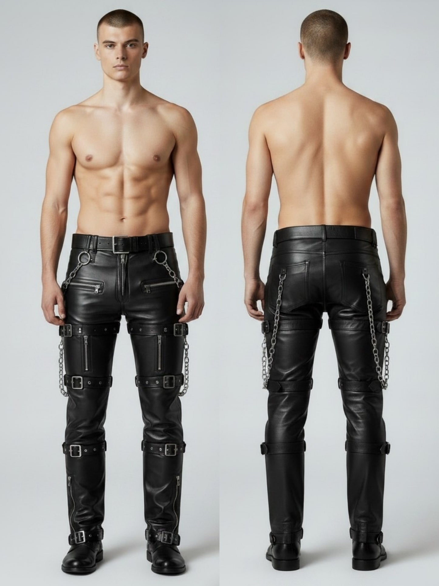 Men's Real Cowhide Pants Steampunk/Gothic Multi Pockets & Belts