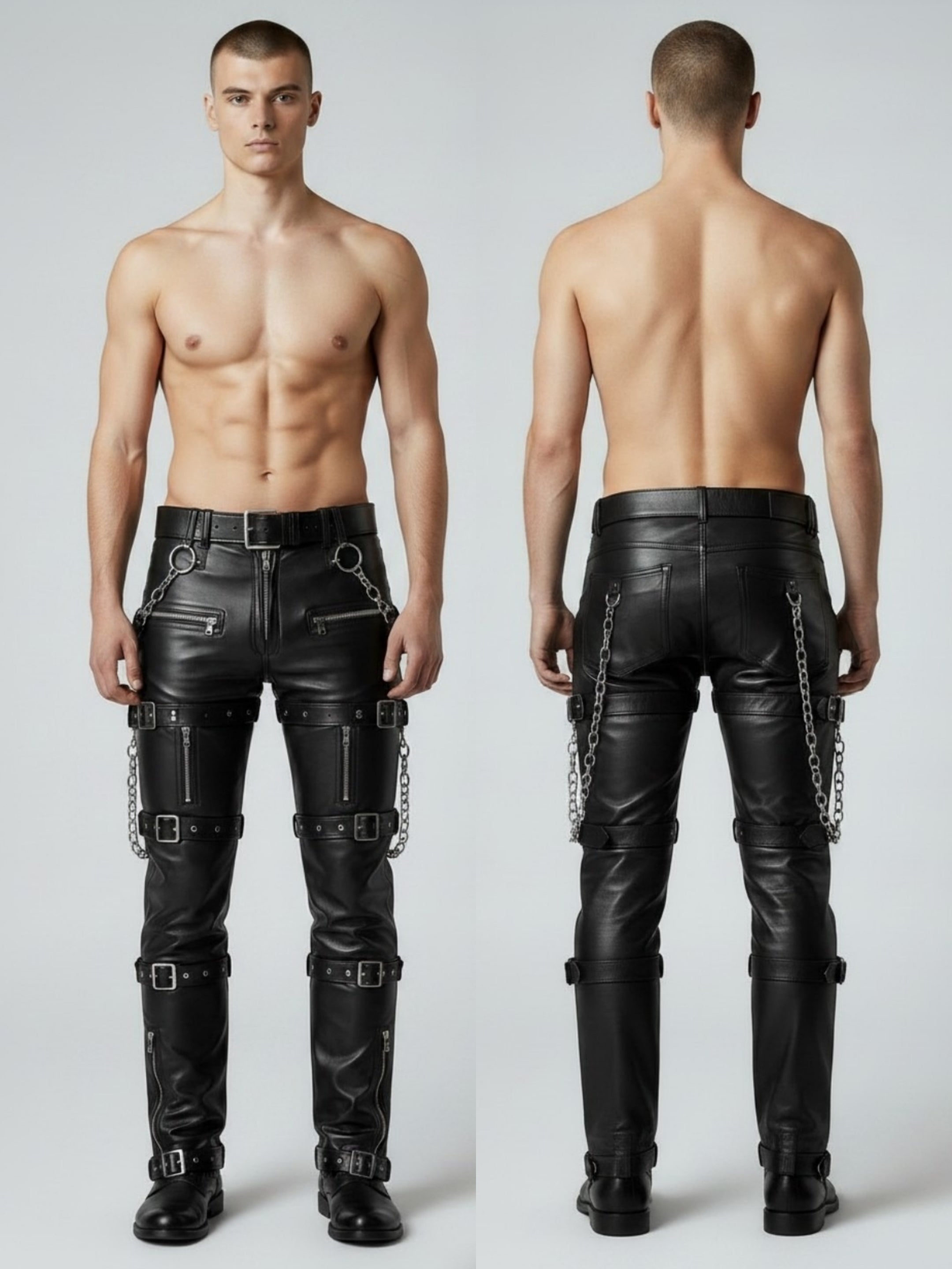 Men's Real Cowhide Pants Steampunk/Gothic Multi Pockets & Belts