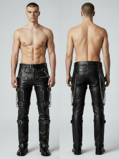 Men's Real Cowhide Pants Steampunk/Gothic Multi Pockets & Belts