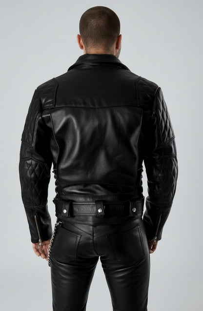Men’s Real Cowhide Leather Bikers Jacket Quilted Panels & Side Laces Bikers/BLUF Jacket