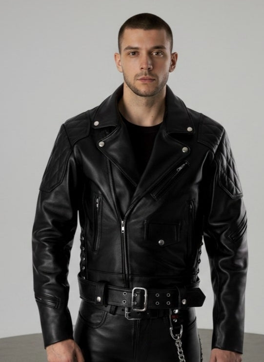 Men’s Real Cowhide Leather Bikers Jacket Quilted Panels & Side Laces Bikers/BLUF Jacket