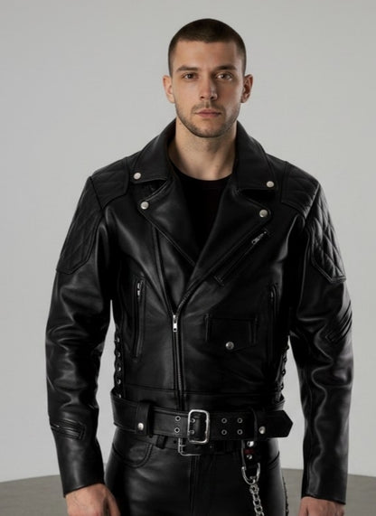Men’s Real Cowhide Leather Bikers Jacket Quilted Panels & Side Laces Bikers/BLUF Jacket