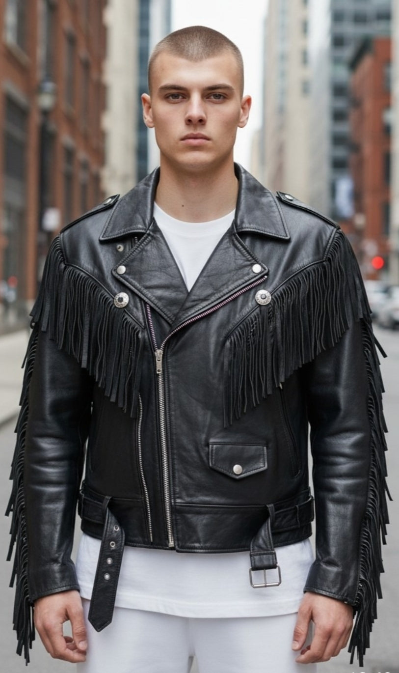 Men's Real Cowhide Leather Bikers Jacket Fringes & Conchos
